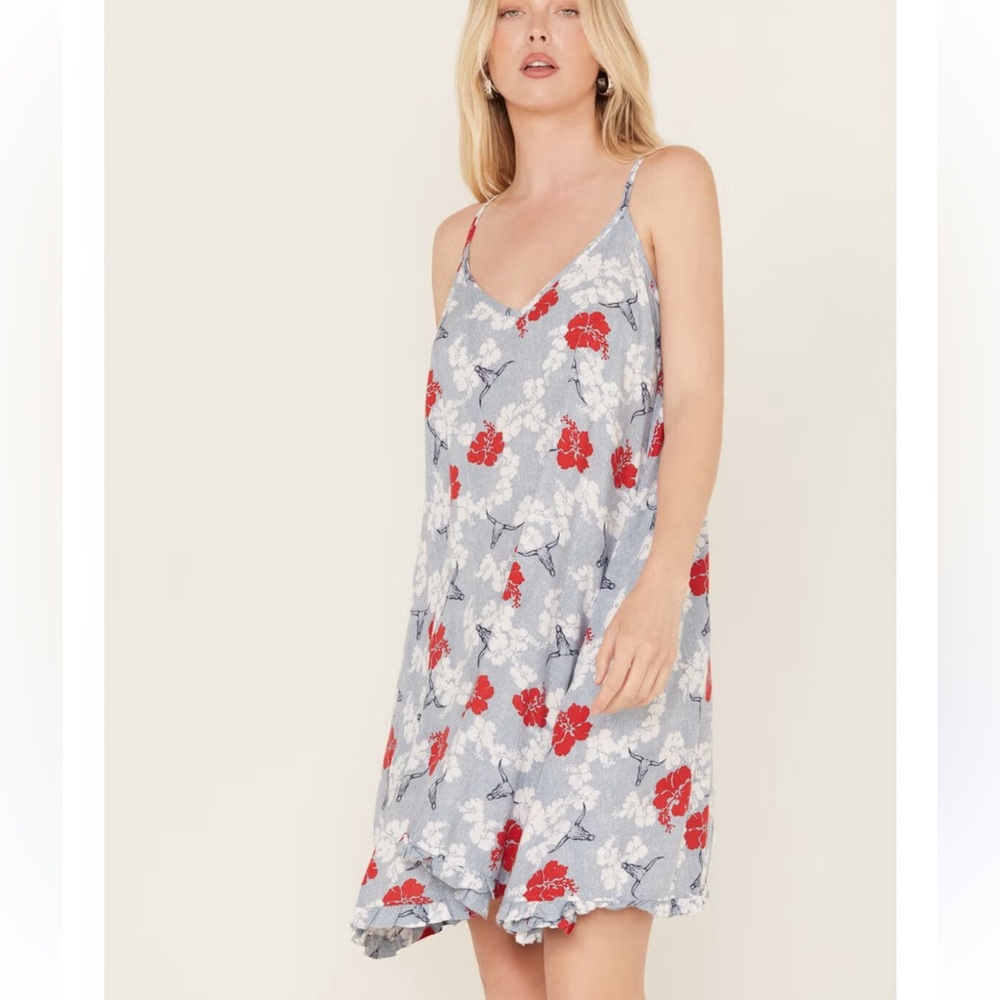 Ariat Light Blue Floral Mini Dress with Red Blooms